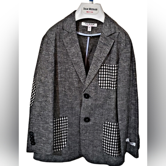 Isaac Mizrahi Boy Size 6 Gray Plaid-Accent Linen-Blend Blazer - Picture 2 of 4